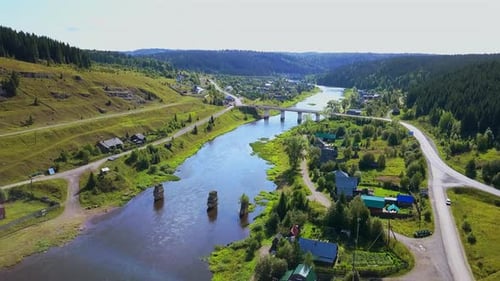 Aerial view of countryside natural landscape with a bending river