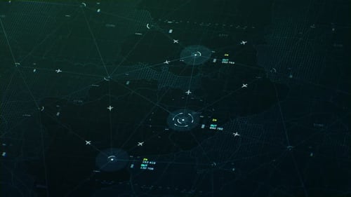 Airplane flight patterns and wind currents over light green world map in 4k