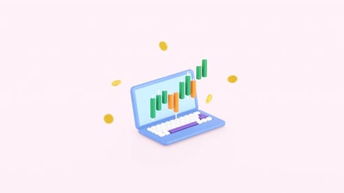 Laptop, Stock candlestick graph and diagram animation. 3d render.