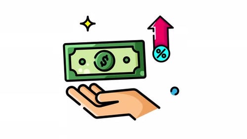 Animated Made in uk hand holds dollar bill with upward arrow and percentage sign.