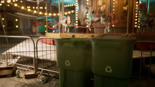 Empty Amusement Park at Night with Illuminated Carousel and Recycling Bins