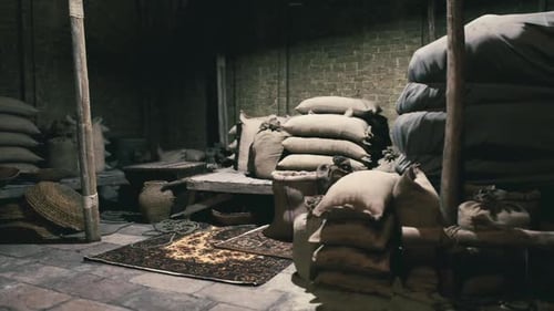 Old National African Market Showcasing Traditional Goods and Storage Methods