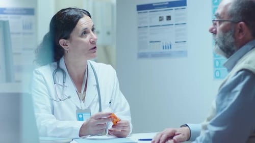 Mature Female Doctor Giving Pills to Senior Patient in Clinic
