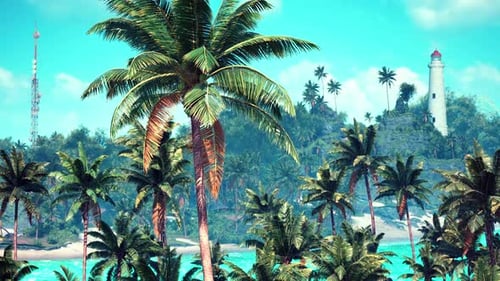 Tropical Palm Trees and Lighthouse on a Serene Bahamian Beach in Daylight