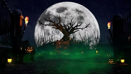 Spooky Halloween Night with Full Moon, Jack-o'-Lanterns and Eerie Fog