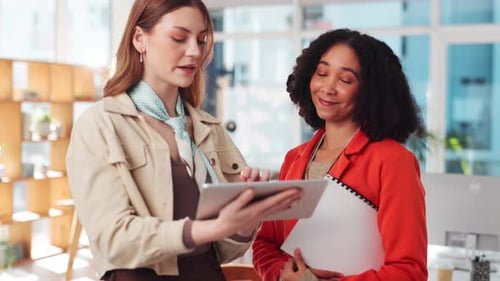 Office, results and business people with tablet for digital agency, discussion