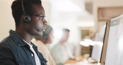Call center, black man and consulting on computer for customer advisory, telemarketing and crm