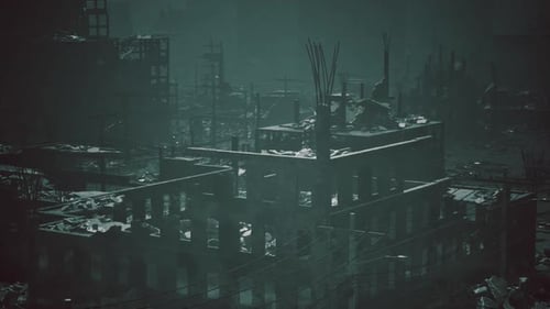 Ruins of a Desolate Cityscape After a Catastrophic Event at Twilight