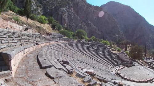 Panoramic view at Delphi amphitheatre with temple of Apollo in Greece. Stunning view from the last s