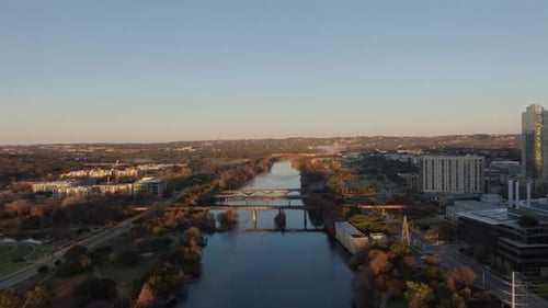 Beautiful aerial of river with bridges in Austin, Texas.