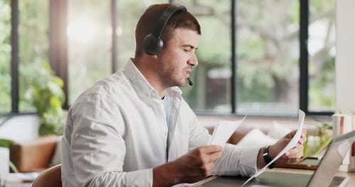 Remote work from home, headphones and man with laptop, report for article review and sound