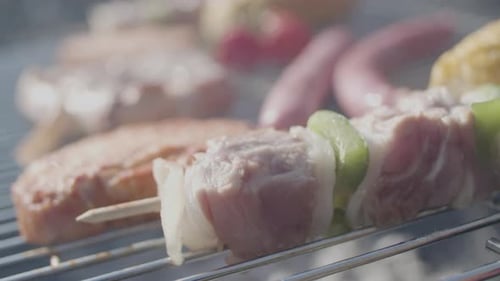 Extreme Nahaufnahme von leckerem Kebab, der auf dem Barbeque Grill zubereitet wird