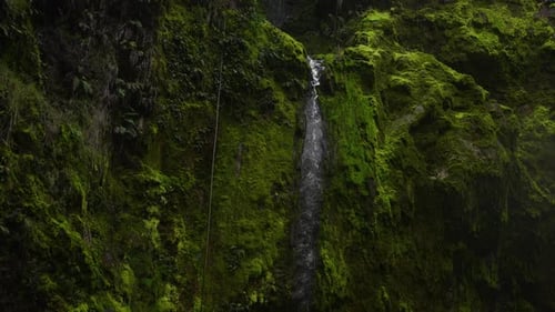 Small waterfall on mountain with river. Forest river rocks. The river flows between the rocks. View