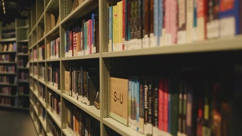 Rows of bookshelves filled with colorful books in the Deichman Library, creating a cozy and intellec