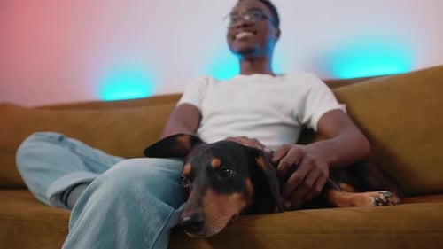 Young Adult Relaxing on Couch with Dachshund