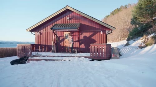 Person Interacts with Dog Outside Snowy Cabin