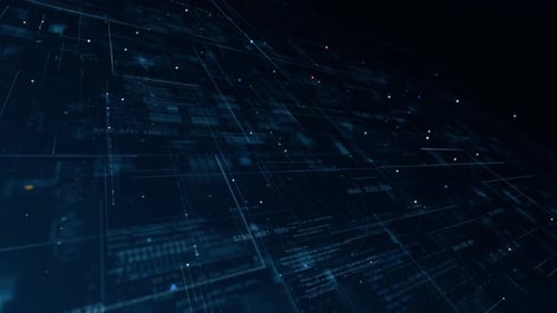 Digitale Linien- und Rasterperspektivtechnologie mit blauer Datenmatrixsimulation und futuristischem HUD-Bildschirm