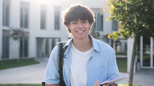 Smiling Young Male Student Holding Book on University Campus