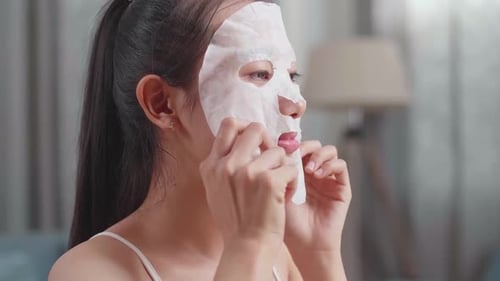 Close Up Of Asian Woman Applying Sheet Facial Mask While Taking Care Of Her Skin At Home