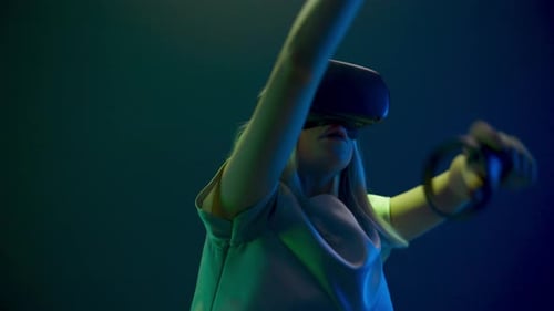 Closeup Excited Woman Experiencing VR Headset Videogame. Impressed Gamer Using Gadget For