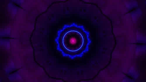 Dynamisches neonrosafarbenes Mandala dehnt sich mit pulsierender Energie im dunklen Raum aus