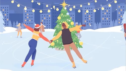 Couple Ice Skating at Christmas Night - Festive Winter Cozy Scene - Cartoon Animations