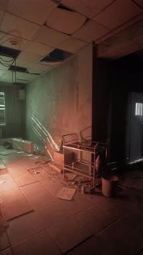 Eerie Abandoned Room Interior with Glowing Red Light Slow Pan