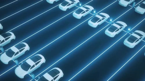 Futuristic Electric Car Parking Lot With Charging Stations and Neon Glow