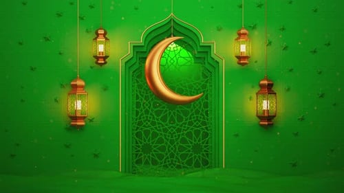 Grünes islamisches Interieur mit verziertem silbernem Mond und Laternen am Fenster, Animation Ramadan Kareem