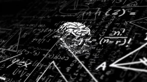 Animation eines metallischen menschlichen Gehirns über mathematische Gleichungen
