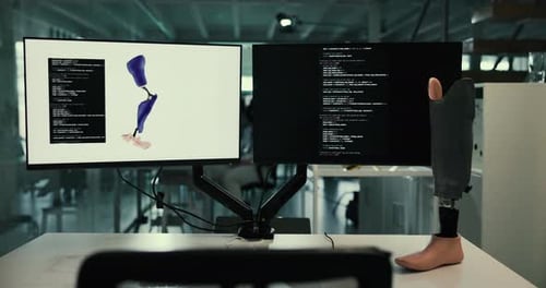 Computerbildschirm, Code und Programmierung am Schreibtisch im Labor, maschinelles Lernen und prothetisches Design