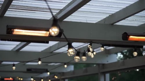 String Lights Illuminated On The Ceiling. Selective Focus Shot