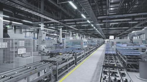 Rendu 3D de bras robotiques industriels plaçant des panneaux solaires sur des chaînes de montage