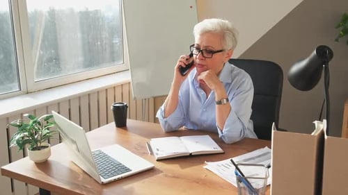 Mature Woman Talking on Phone at Office Desk