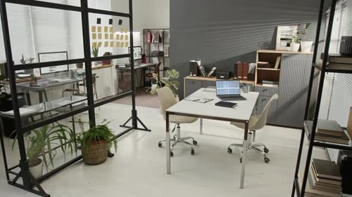 Open Office Space with Desks, Cabinet, Rack, Potted Plants and Glass Partition