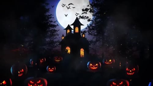 Animated Halloween Night with Haunted House and Pumpkins