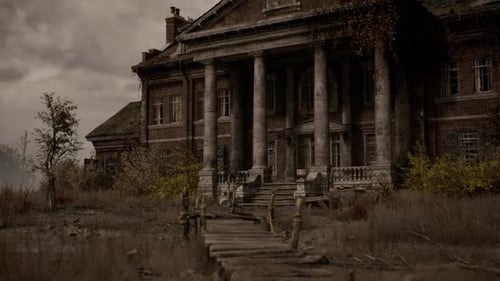 Cinematic Pan of Abandoned Decaying Mansion in Desolate Landscape