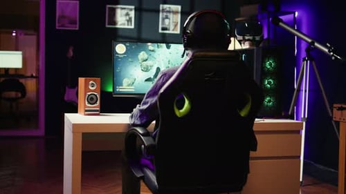 Close Up of Person Navigating Universe in Simulation Game on PC