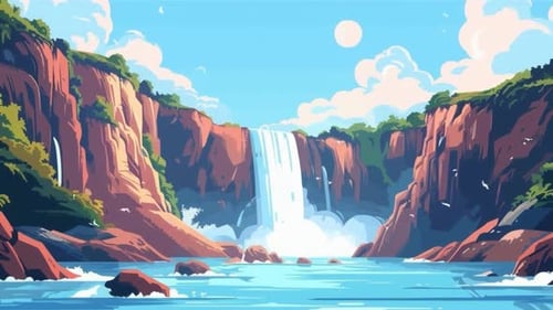 Majestic Waterfall Cascading between Tall Rocky Cliffs - Scenic Nature - Forest Landscape - Cartoon