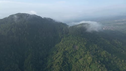 4k drone video of beautiful lush green mountains. Aerial view of mountain forest with fog.
