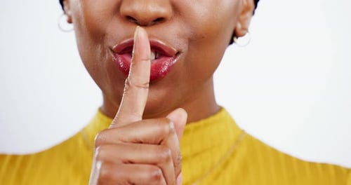 Finger on lips, privacy and woman with secret, whisper or gossip, laughter