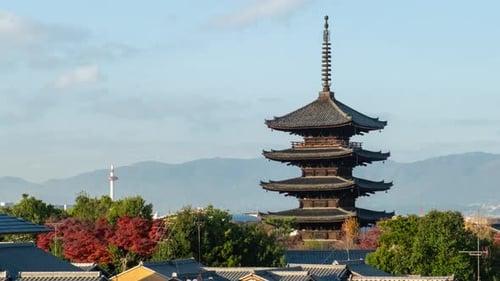 Pagoda at Hokanji temple, Kyoto, Japan. Time lapse video in autumn season on a cloudy day.