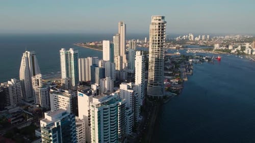 Aerial View, Bocagrande Peninsula of Cartagena, Colombia, Hotels and Apartment Towers, Drone Shot