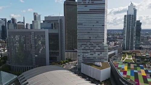 Aerial drone view of Frankfurt’s Westend-Süd district .
