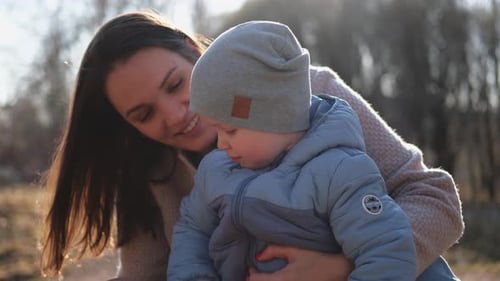 Happy Family Outdoor Mother Child on Walk in Park Mom Playing with Baby Son Outdoor Woman Little