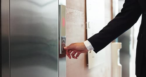 Office, person and hands with button for elevator, mechanical metal and transport with technology