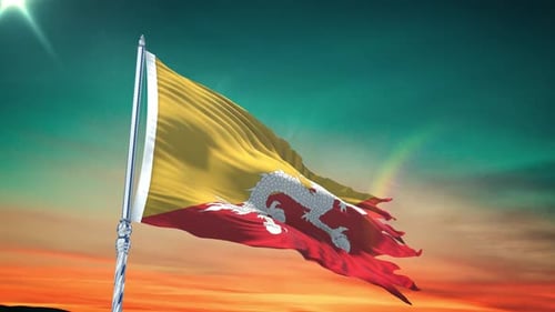 Bhutan National Flag Waving in Realistic Cloudy Sky