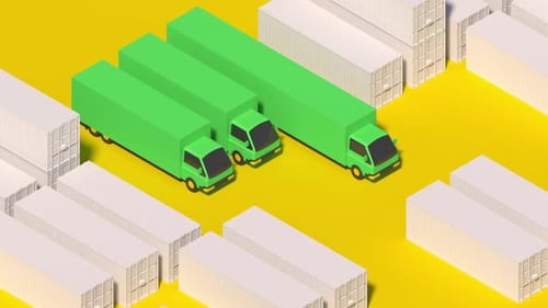 Isometric Animation of Green Delivery Trucks and Shipping Containers