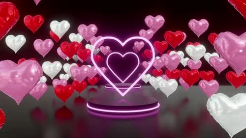 Romantic Glowing Neon Hearts and Balloons Celebration Background