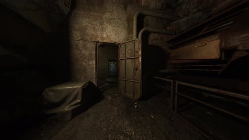 Heavy Metal Bunker Door Opening in Dark Underground Tunnel